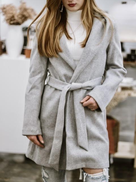Brisk Stroll Belted Long Sleeve Hooded Coat - Light Grey