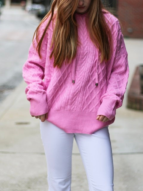 Combed Cotton Cable Knit Sweater, Candy Pink