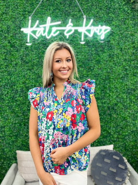 The Mia Blue Floral Ruffle Sleeve Top – Kate & Kris