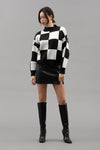 Checkered Crew Neck Knit Sweater - Black