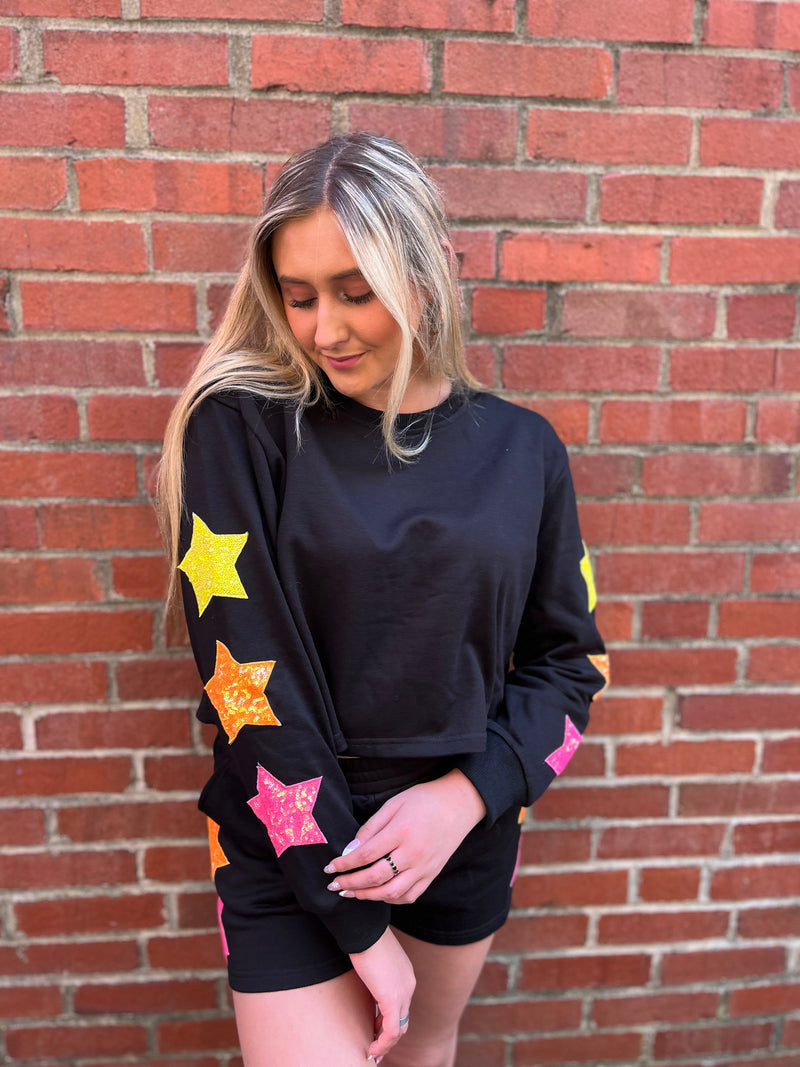 Oh My Stars Neon Star Sequin Patch Terry Top- Black-Kate & Kris