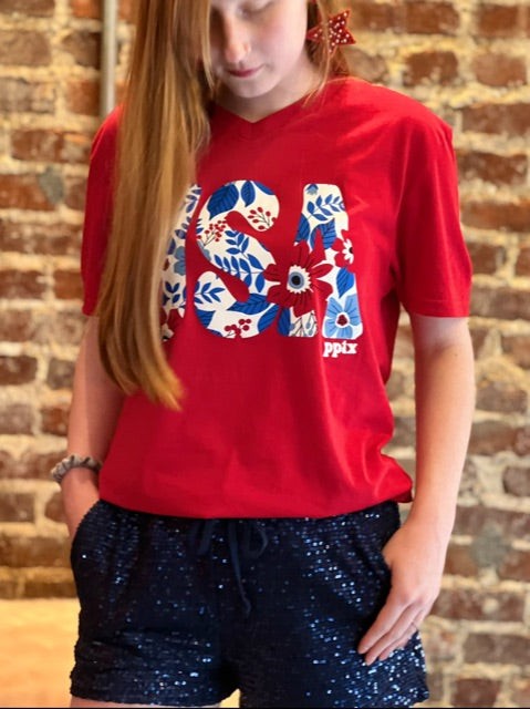 USA July 4th Tee Floral -Red-Women’s tops-Kate & Kris