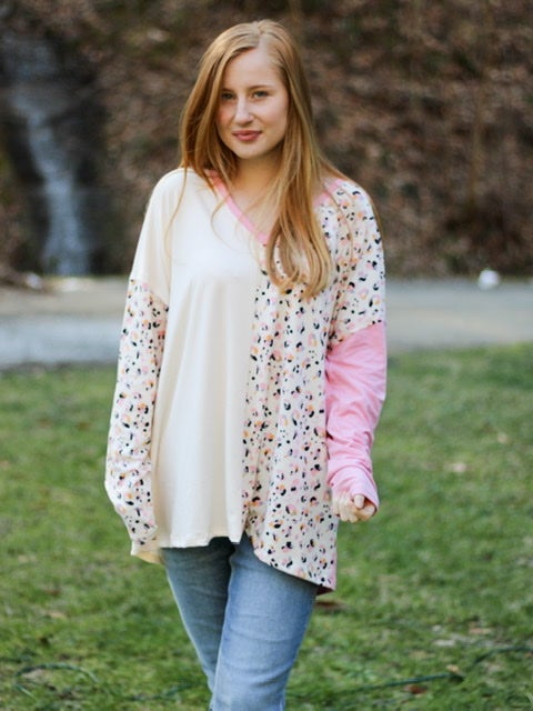 Casey Pink and Cream Leopard Print Color block Top Curves-Shirts & Tops-Kate & Kris