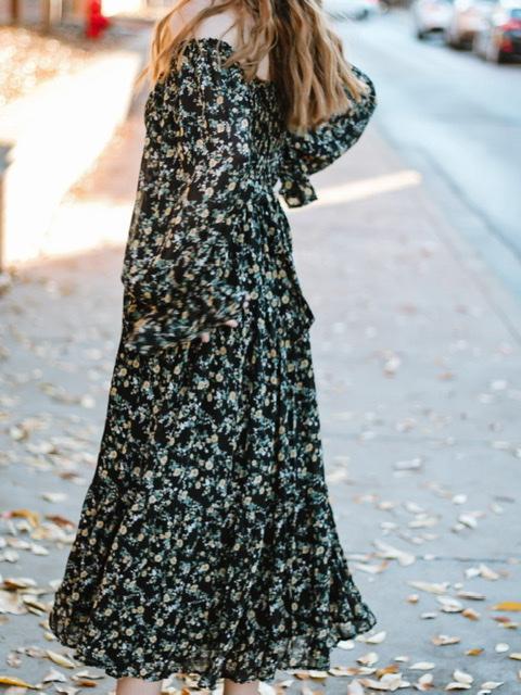Floral Print Midi Dress - Black-Dresses-Kate & Kris