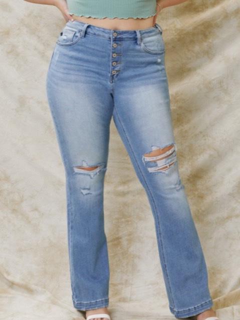 London High Rise Flare In Medium Wash Curvy-Jeans-Kate & Kris