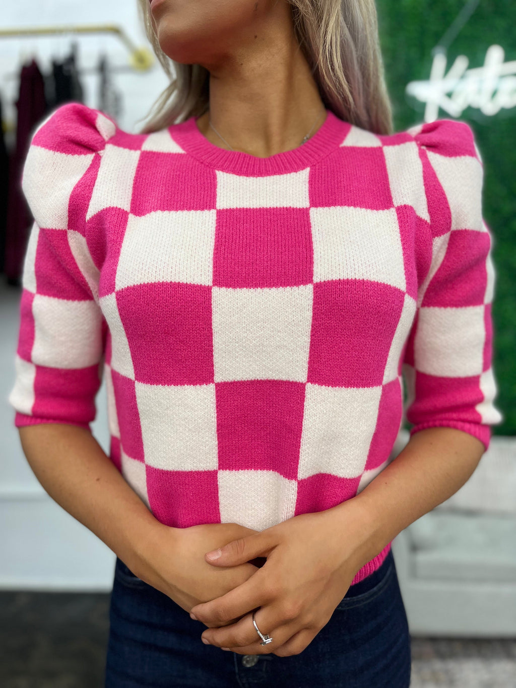 Making Moves Pink Checkered Puff Sleeve Sweater-sweater-Kate & Kris