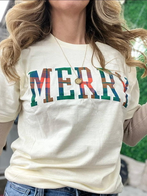 Merry Plaid Christmas Tee - Cream-t shirt-Kate & Kris
