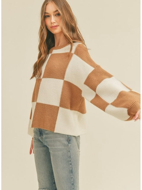 Oversized Tan Checker Pullover Sweater-Sweater-Kate & Kris