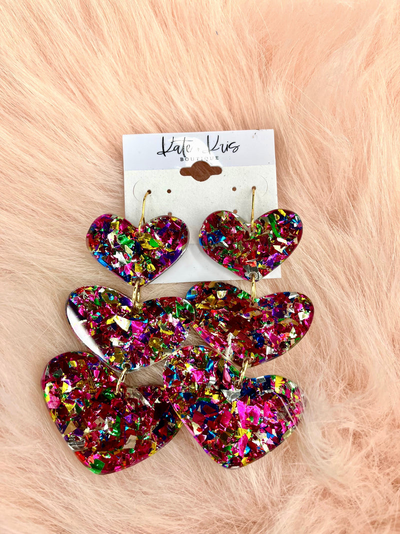 Party Pink Confetti Triple Heart Earrings-Apparel & Accessories-Kate & Kris