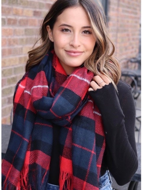 The Alley Long Plaid Scarf - Red and Navy-scarf-Kate & Kris