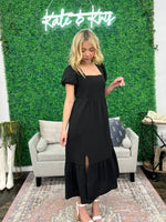 The Bridget Short Sleeve Black Midi Dress-Kate & Kris
